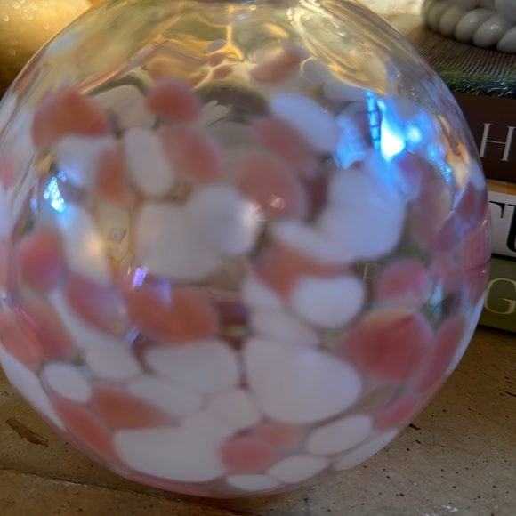 California Glass Studio pink and white hand blown iridescent ball. - Picture 2 of 4